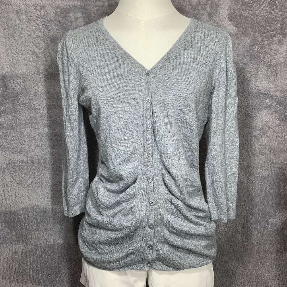 Worthington Gray Cardigan Sweater Women's Small Button Front Ruched Detail 3/4 S